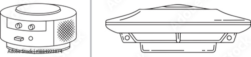 Technical line-art vectors of electronic devices: a cylindrical smart speaker or sensor with control buttons and a wide, low-profile industrial ceiling sensor or network hub.