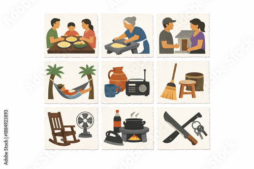 El Salvador daily life icons in torn vector texture style