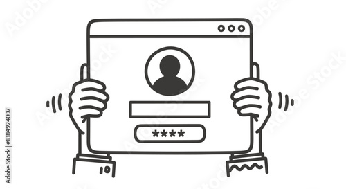 Illustration of hands holding a login screen with password entry.