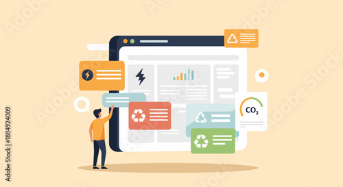 Energy efficiency and sustainability concept with data visualization on screen.