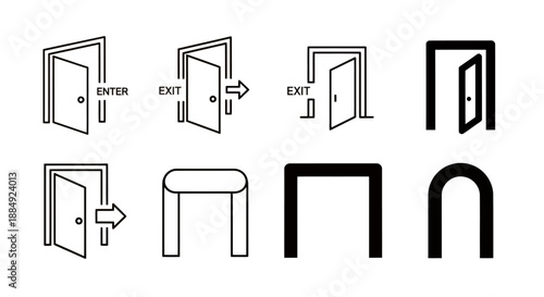 Set of black and white door and archway icons with various styles and directions.