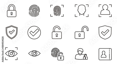Set of security and biometric authentication icons including fingerprint and face recognition.