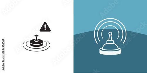 Clean vector icons featuring an alert siren with a warning triangle and a broadcasting signal tower, representing emergency notifications, alarms, and wireless communication.