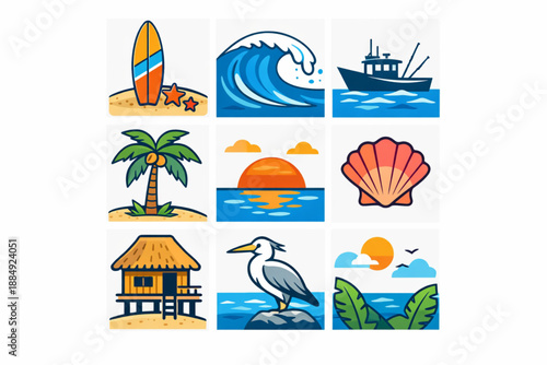 El Salvador Pacific coast icons in relaxed tropical vector style