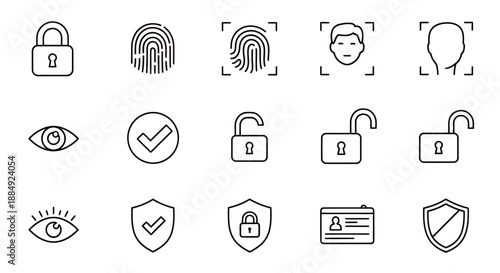 Set of security and privacy icons including fingerprint, lock, eye, and shield symbols.