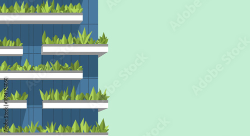 Green plants growing on shelves against a blue wall creating a vertical garden.