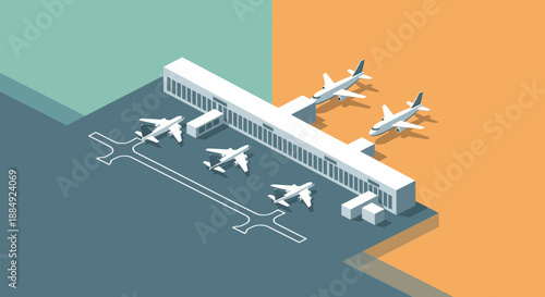 Isometric airport illustration showcasing airplanes and terminal building.