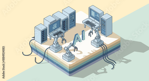 Isometric illustration of AI technology with robotic arms and computer servers.
