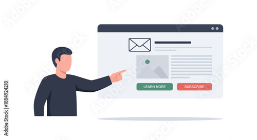 Man pointing at email subscription form on a computer screen.