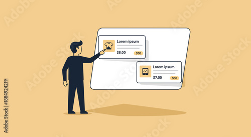 Man pointing at digital display showing product information and pricing for online shopping.