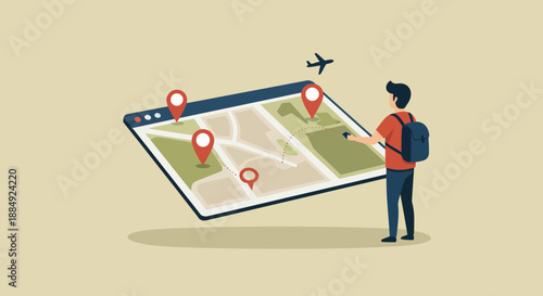 Man planning travel route with map and airplane location markers on screen.