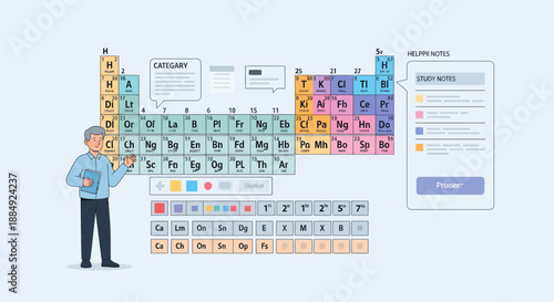 Man presenting the periodic table of elements with detailed information.