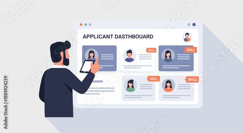 Man reviewing applicant dashboard on tablet assessing candidate profiles and information.