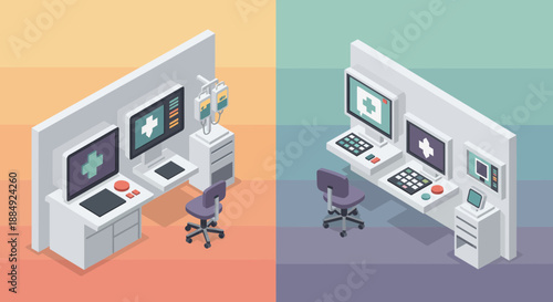 Medical workstation with multiple monitors and control panels.