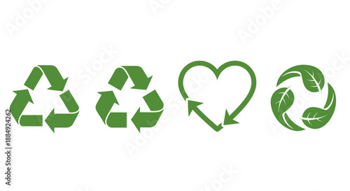 Set of green eco friendly and recycling symbols representing sustainability and environmental care.