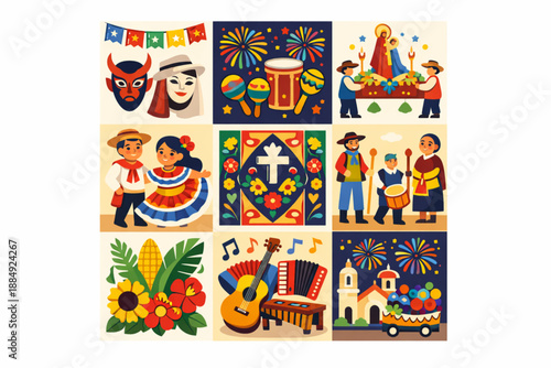 Salvadoran festival celebration icons in vibrant flat vector style