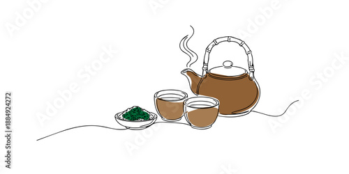 Line art illustration of Japanese tea set with teapot, cups, and tea leaves. Hand drawn continuous line representing tea ceremony, calm moment, and traditional culture.