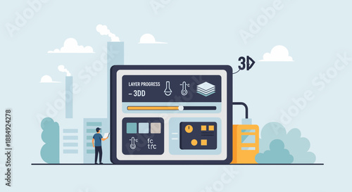 Modern industrial design and 3D printing technology with digital interface.