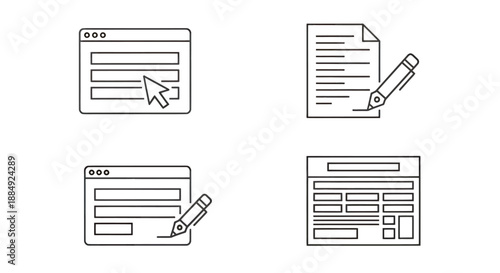 Set of four black and white web interface and document editing icons.