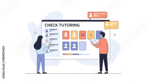 Students and tutor checking tutoring website for online education.