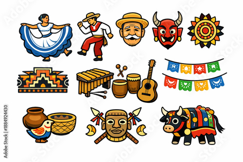 Salvadoran folklore and tradition icons in flat illustrative vector style