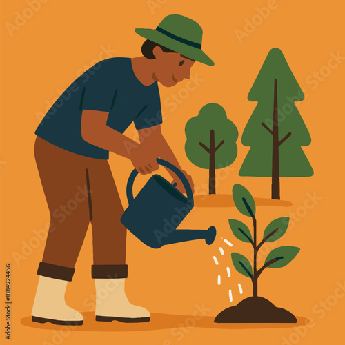 Person Watering Young Tree with Can