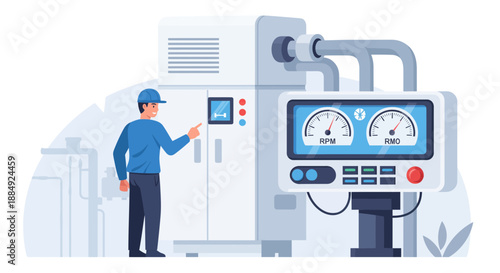 Technician operating industrial machinery with control panel and gauges.