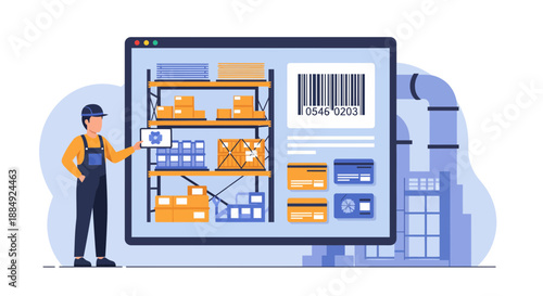Warehouse worker analyzing inventory on a computer screen barcode scanning.