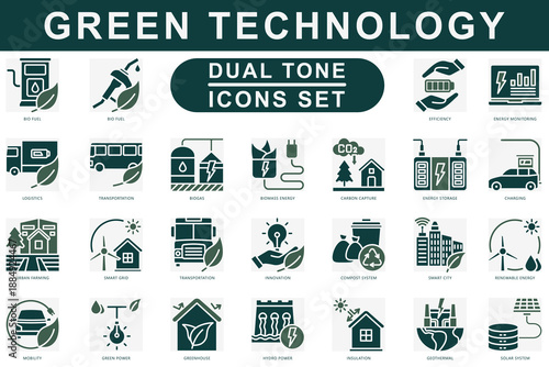 Green Technology Dual Tone icons set. contain bio fuel, biogas, transportation, hydro power, solar system, charging and more. Vector for modern concept, print, UI, UX kit, web and app development.
