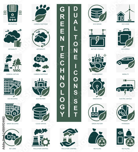 Green Technology Dual Tone icons set. contain air purifier, battery storage, carbon footprint, recycling, mobility and more. Vector for modern concept, print, UI, UX kit, web and app development.

