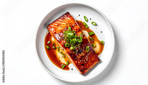 Teriyaki salmon on white background