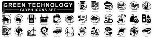 Green Technology Glyph icons set. contain air purifier, battery storage, carbon footprint, recycling, mobility and more. Vector for modern concept, print, UI, UX kit, web and app development.

