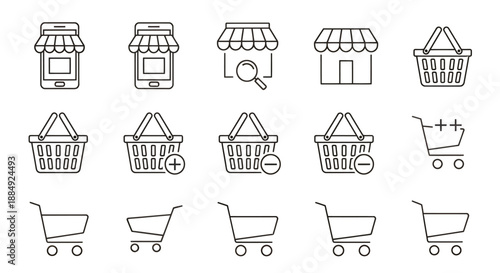 Set of simple black and white shopping cart and basket icons for e-commerce and retail.