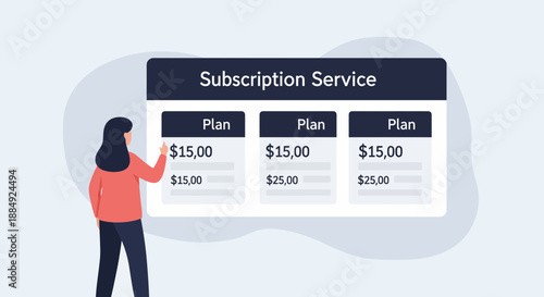 Woman points at subscription service plans with varying prices showcasing options.