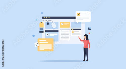 Woman interacting with a digital interface managing data and information.