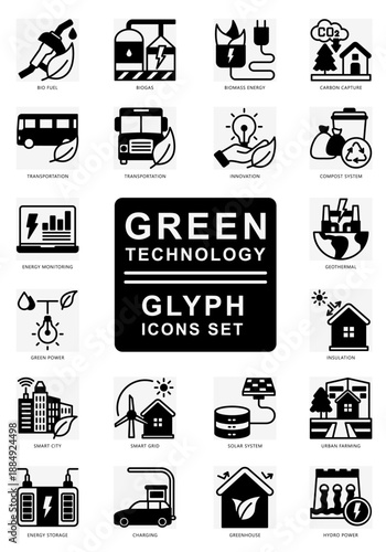 Green Technology Glyph icons set. contain bio fuel, biogas, transportation, hydro power, solar system, charging and more. Vector for modern concept, print, UI, UX kit, web and app development.