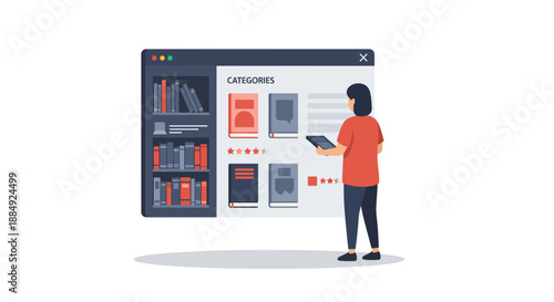 Woman browsing online bookstore using tablet selecting categories and exploring book options.