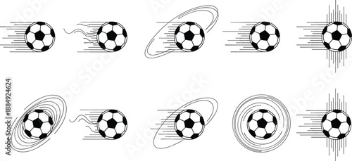 Black soccer ball motion icons showing speed movement spin trajectory dynamic football action symbols set illustration design collection.