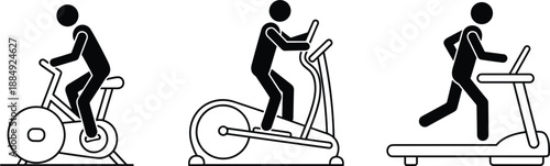 Black fitness exercise icons showing man cycling elliptical training and treadmill running activities gym workout equipment symbols set.