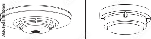Two minimalist black and white line-art sketches of ceiling-mounted fire safety devices. The left shows a wider smoke detector profile, while the right depicts a more compact sensor unit.