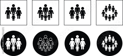 Collection of family and social group icons featuring black and white silhouettes in square and circular frame designs.