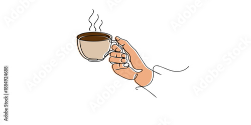 Line art illustration of a hand holding a hot cup of coffee or tea. Hand drawn continuous line representing warm drink, relaxation, comfort, and daily lifestyle.