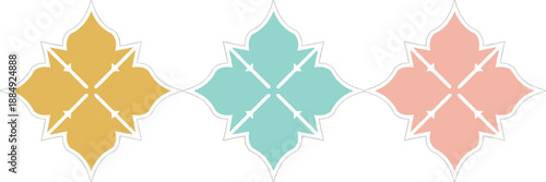 Colorful ornamental geometric arabesque tile shapes set featuring yellow teal and pink islamic decorative pattern elements design.