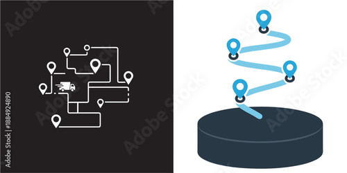 Two vector graphics illustrating logistics: a flat white line-art delivery map on black, and a 3D isometric blue spiral route rising from a dark circular base.