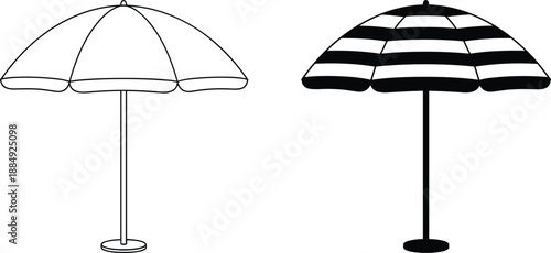 Beach umbrella icons showing outdoor sun parasol in black and white silhouette summer protection design set illustration collection.