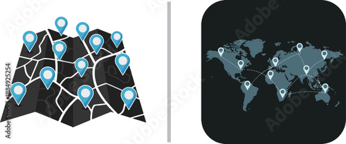 A professional vector set featuring a folded paper map and a world map, both densely populated with blue location pins to represent global logistics, networking, and travel destinations.