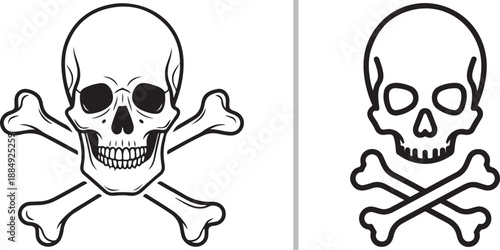 Two black and white vector illustrations of a skull and crossbones. The left version is detailed with anatomical shading, while the right is a simplified, thick-lined graphic icon.