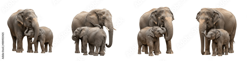 Obraz premium Set of Elephants with Calves in Walking and Playing Poses, African and Asian Elephant Mother and Baby Pair, Wildlife Safari and Nature Illustration, isolated on white transparent PNG background