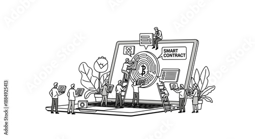 Team working on laptop displaying smart contract and bitcoin symbol.