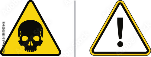 A high-visibility safety graphic featuring two triangular warning signs: a yellow caution sign with a black skull symbol and a white caution sign with a bold exclamation mark.